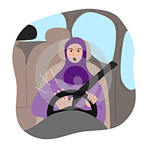 Muslim Arab woman in traditional purple hijab with a safety belt driving a car and honking at the wheel. Vector