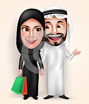 Muslim arab young couple vector characters wearing traditional emirati dress