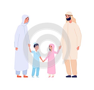 Muslim arabic family. Arab kids, islam mother father children. Cartoon boy and girl in hijab, isolated adults and youngs