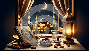 Muslim attributes in Islamic Ramadan for Iftar Koran,dates, water,prayer matthe on the table,mosque