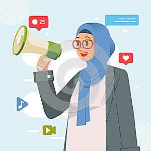 Muslim blue hijab young girl holding megaphone shouting loud announcing social media Promotion advertising concept