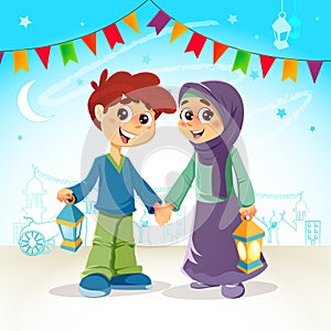Muslim Boy and Girl Celebrating Ramadan photo