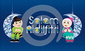 Muslim boy and a girl sitting on a hanging moon, celebrating Raya festival, with Malay style pattern background.