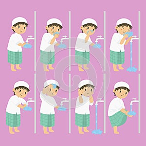 Muslim Boy Perform Ablution Steps Vector Collection