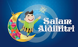 A Muslim boy playing fireworks on a swinging moon, with Malay pattern background.