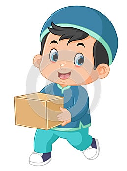 a Muslim boy running and carrying a big gift box