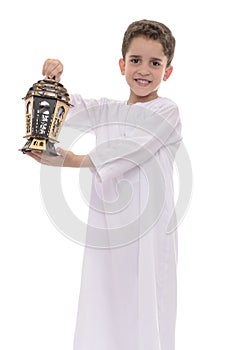 Muslim Boy In White Djellaba with Lantern Celebrating Ramadan