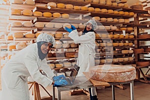 Muslim business partners checking the quality of cheese in the modern industry