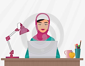 Muslim business pretty woman in traditional clothing working on laptop. Arabian female Vector illustration.