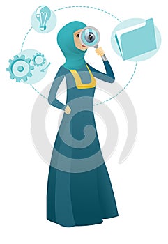 Muslim business woman with magnifying glass.