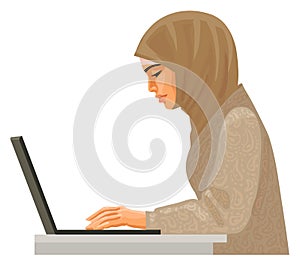 Muslim business woman in traditional clothing working on computer. Vector.