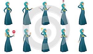 Muslim business woman vector illustrations set.