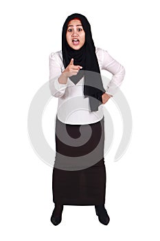 Muslim Businesswoman Pointing at Camera with Angry Expression, Giving Warn, Full Length Portrait