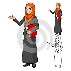 Muslim Businesswoman Wearing Orange Veil or Scarf with Welcoming Hands