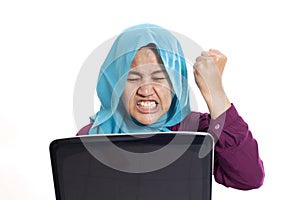 Muslim Businesswoman Working on Laptop Stress Frustated gesture