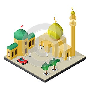Muslim city life in isometric view. Mosque, Arab people, Arabian house, car and palm trees