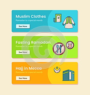 Muslim clothes fasting ramadan hajj in mecca for banner template with dashed line style