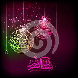 Muslim community festival celebration with decorative shiny hanging balls, stars and arabic calligraphy of text Ramazan Kareem