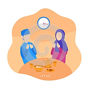 Muslim couple praying to Allah during iftar time for break fasting in ramadan month vector flat illustration