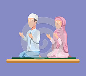 Muslim couple sitting and praying. islam religion people in cartoon illustration vector