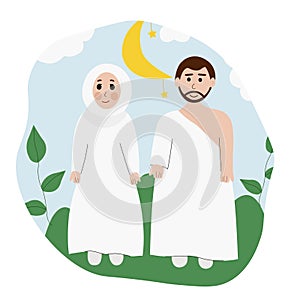 Muslim couple in umra trip illustration. Hajj and umra family trip. Husband and wife in makkah hajj. photo