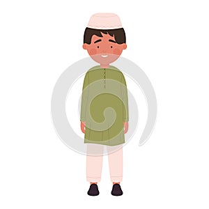 Muslim cute preschool boy standing, happy child smiling