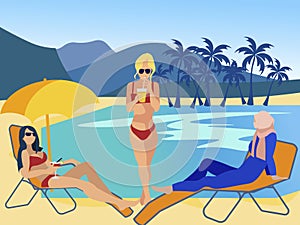 Muslim and european women on the beach. Vacations of different religions. In minimalist style Cartoon flat Vector