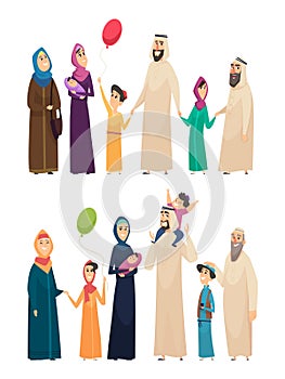 Muslim family. Big arabic happy family saudi people father mother boys girls elders vector characters