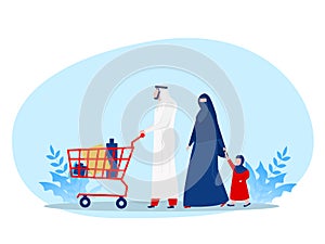 Muslim family buying shopping with wheeling shopping cart in grocery store. Vector illustration for retail, lifestyle, Arab people