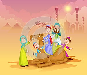 Muslim family on camel ride celebrating Eid