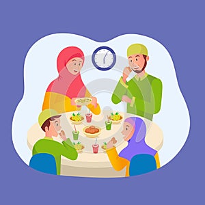 Muslim family eat iftar after fasting. ramadan concept illustration