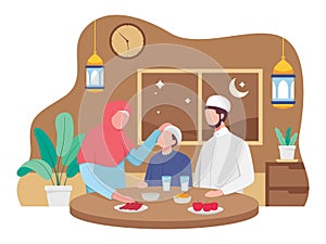 Muslim family eating Ramadan iftar together