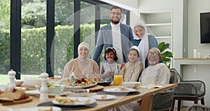 Muslim family, eid lunch and happy for celebration, islamic festival and food for religious holiday. People, portrait