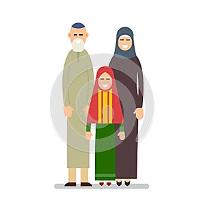 Muslim family, grandfather, grandmother, granddaughter. Cartoon