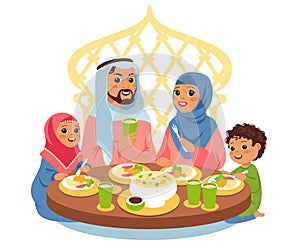 Muslim family having dinner. Traditional arabic meal. Father, mother, and kids in national clothes sitting at table