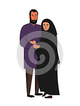 Muslim family, hijab abaya traditional clothing, vector illustration