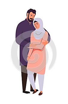 Muslim family, hijab abaya traditional clothing, vector illustration