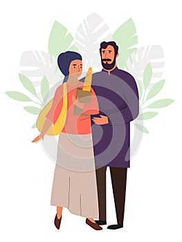 Muslim family, hijab abaya traditional clothing, vector illustration