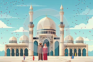 Muslim family husband and wife near the mosque. Religion and culture. Flat drawing