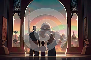 Muslim family in the mosque at sunset. Ramadan Kareem background, Generative AI