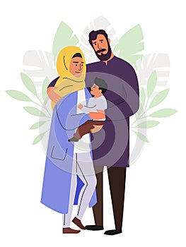 Muslim family, parents with kid, vector illustration