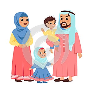 Muslim family portrait. Arabic people, mother and father with funny children in traditional national clothes, daughter