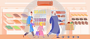 Muslim family shopping. Saudi people with kid holding trolley at counter store, arab in grocery shop or dubai mall