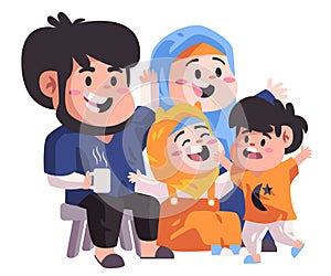 Muslim family sitting in sofa and making laugh and joking in living room happy smiling Islam modern flat color isolated