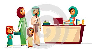 Muslim family at supermarket checkout counter vector cartoon illustration