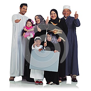 Muslim family, thumbs up portrait and poster space with children and parents together for Islam religion. Arab women