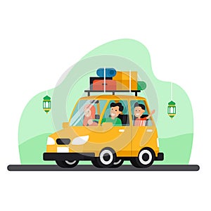 Muslim family travel back to hometown parents village with car to celebrate eid fitr holiday vector illustration. Indonesian mudik