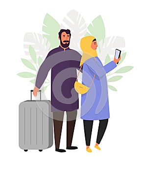 Muslim family traveling, hijab abaya traditional clothing, vector illustration