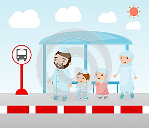 Muslim Family Waiting at a Bus Stop, Illustration of the Family at the bus stop, A vector illustration of Family waiting at a bus