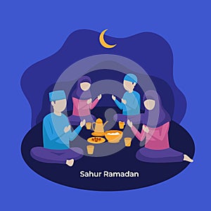 Muslim family and woman praying to Allah together during sahur eat time to prepare full day fasting vector flat illustration.
